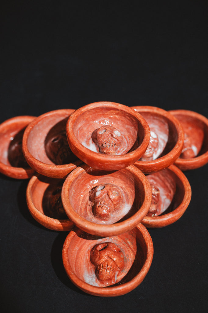 Handmade clay mezcalero cups from Oaxaca up front close view