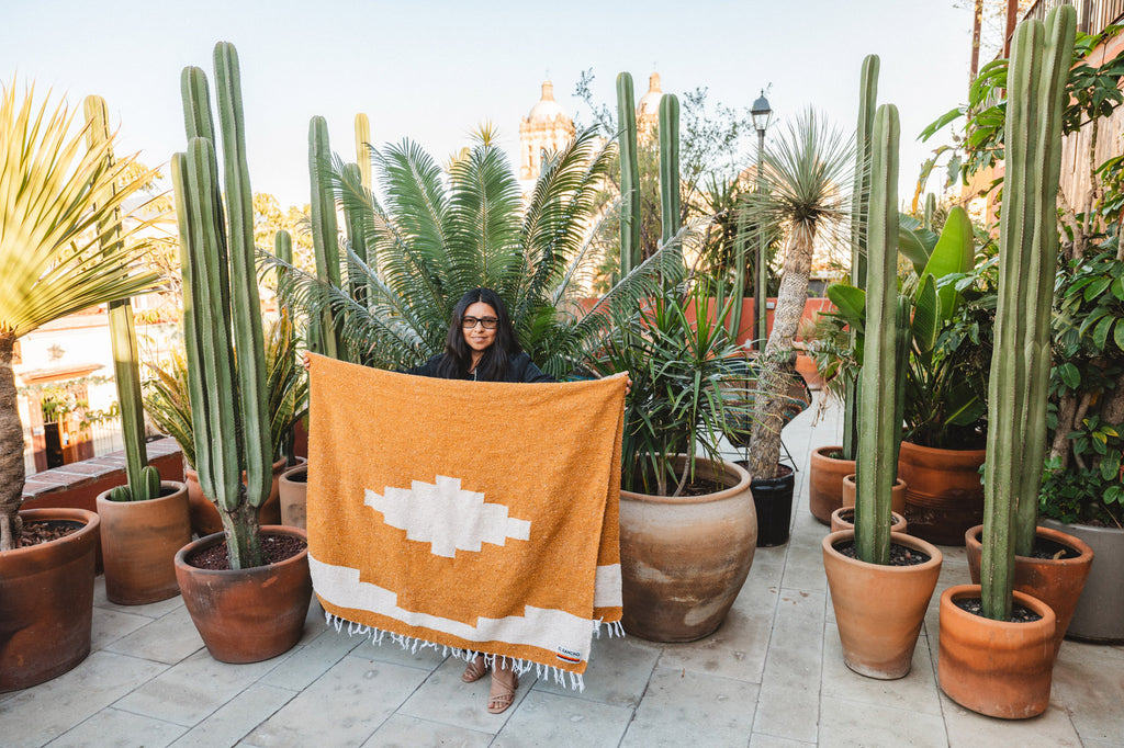 Mixtec woman holding handwoven serape in front of cactus garden on patio in Oaxaca