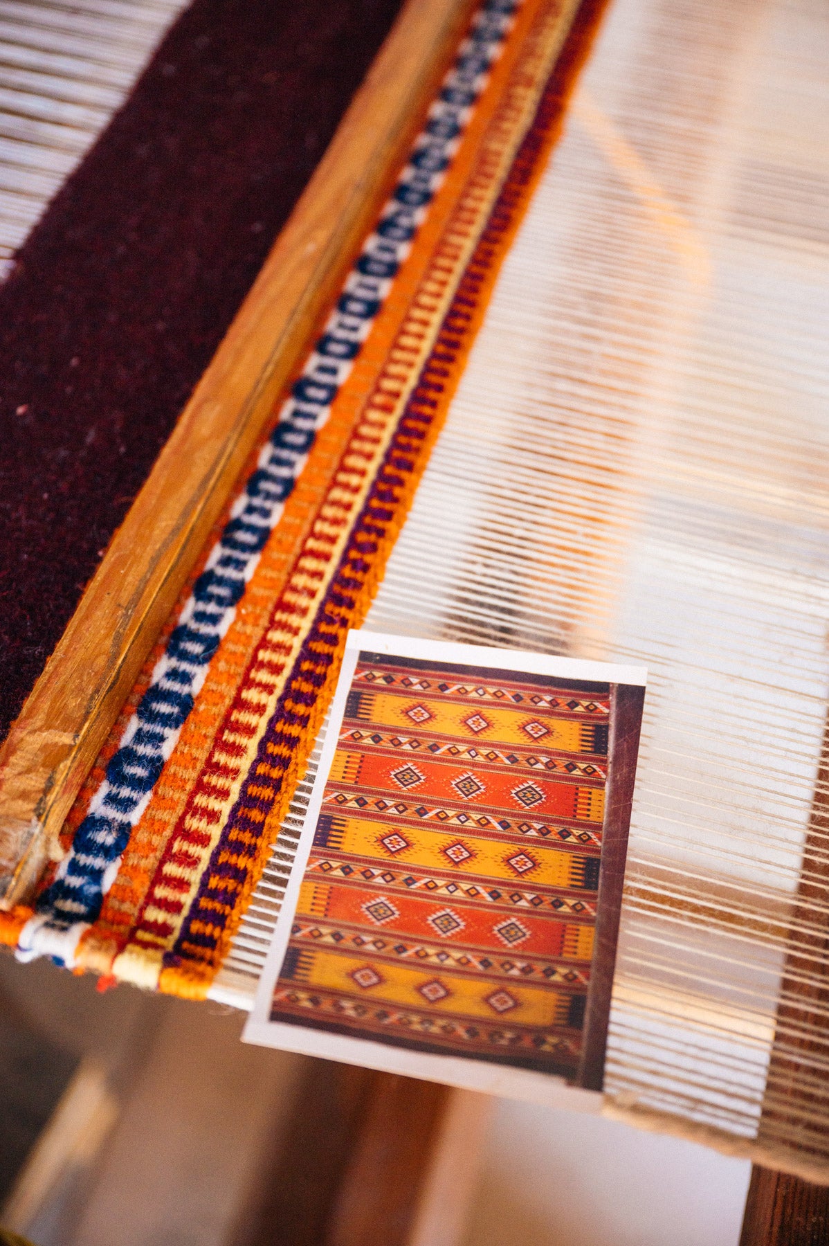 Wool carpet on loom in Teotitlan Del Valle Oaxaca